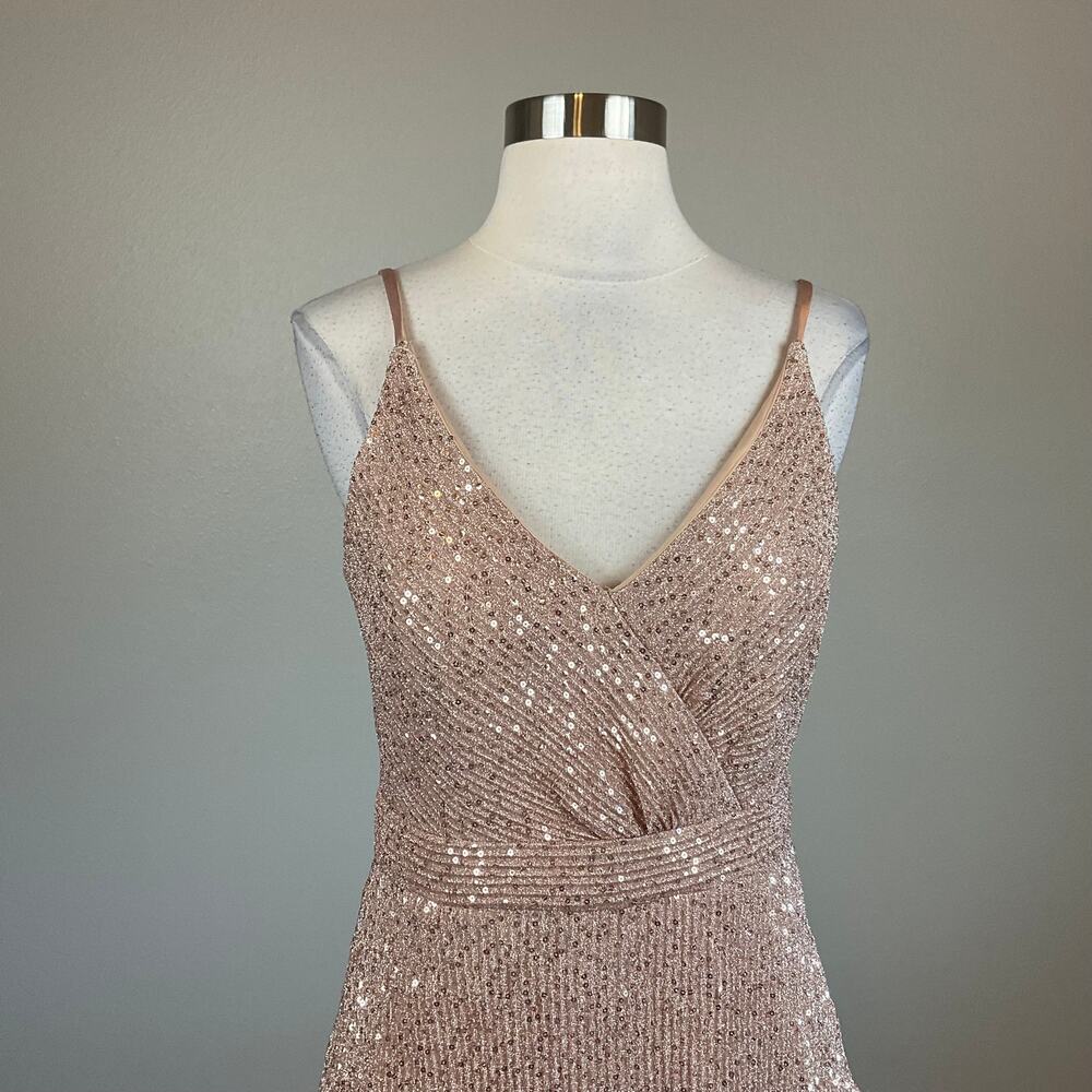 AQUA Rose Gold Pink Evening Gown Sequined Tiered Ruffle A-Line Dress Size 4 - Picture 6 of 11